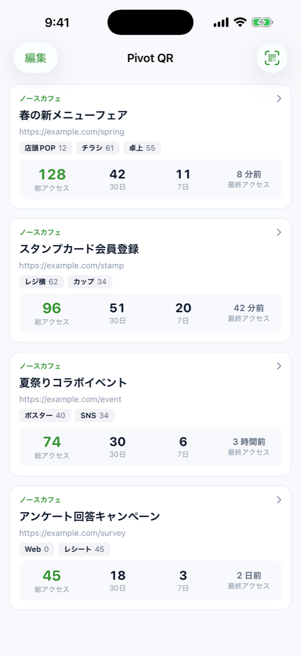 PivotQR アプリ: 登録したQRコードの一覧画面